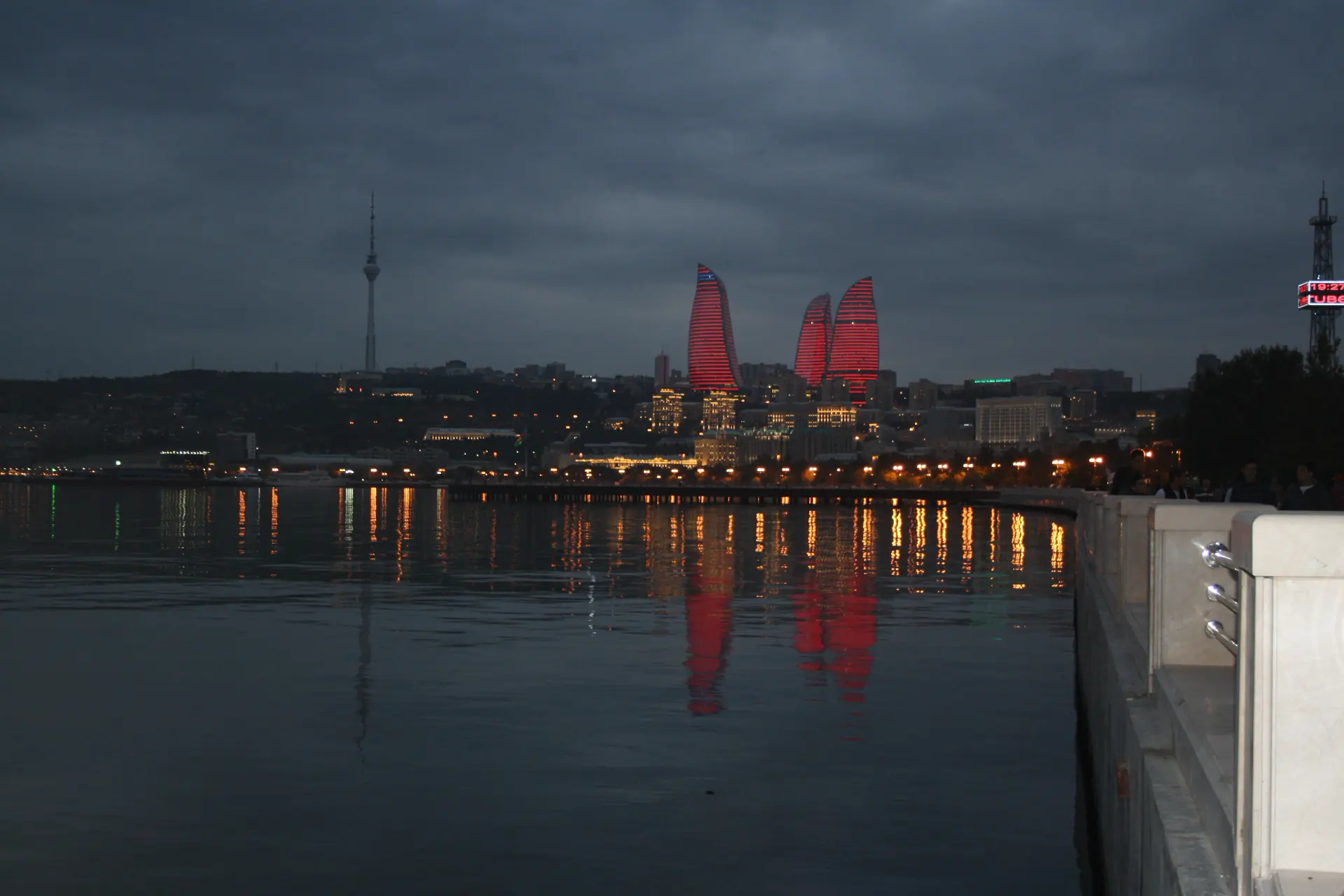 Baku’s three Flame Towers on the ridge above the Caspian boulevard.