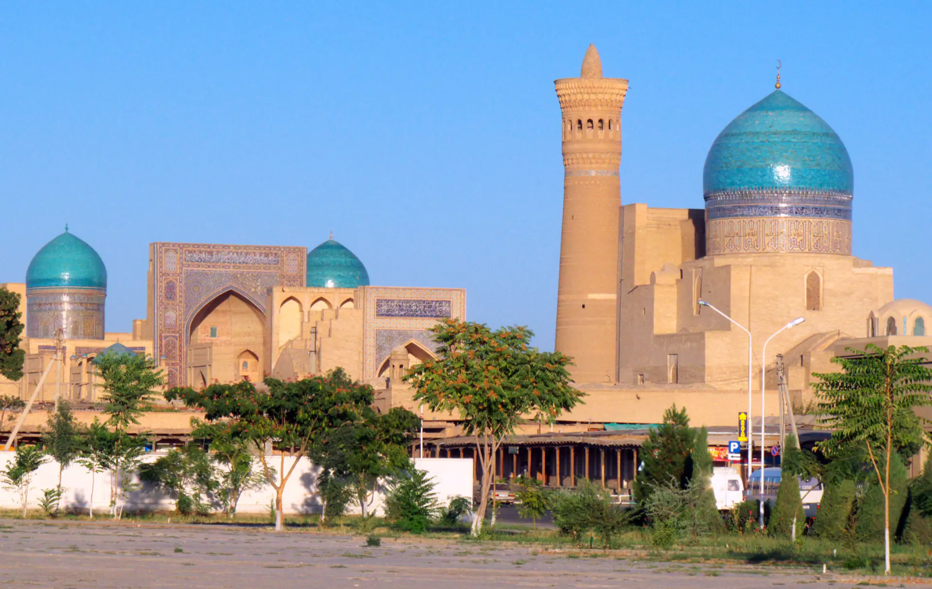 The Kalyan minaret and the domes of the Po-i-Kalyan ensemble in Bukhara.