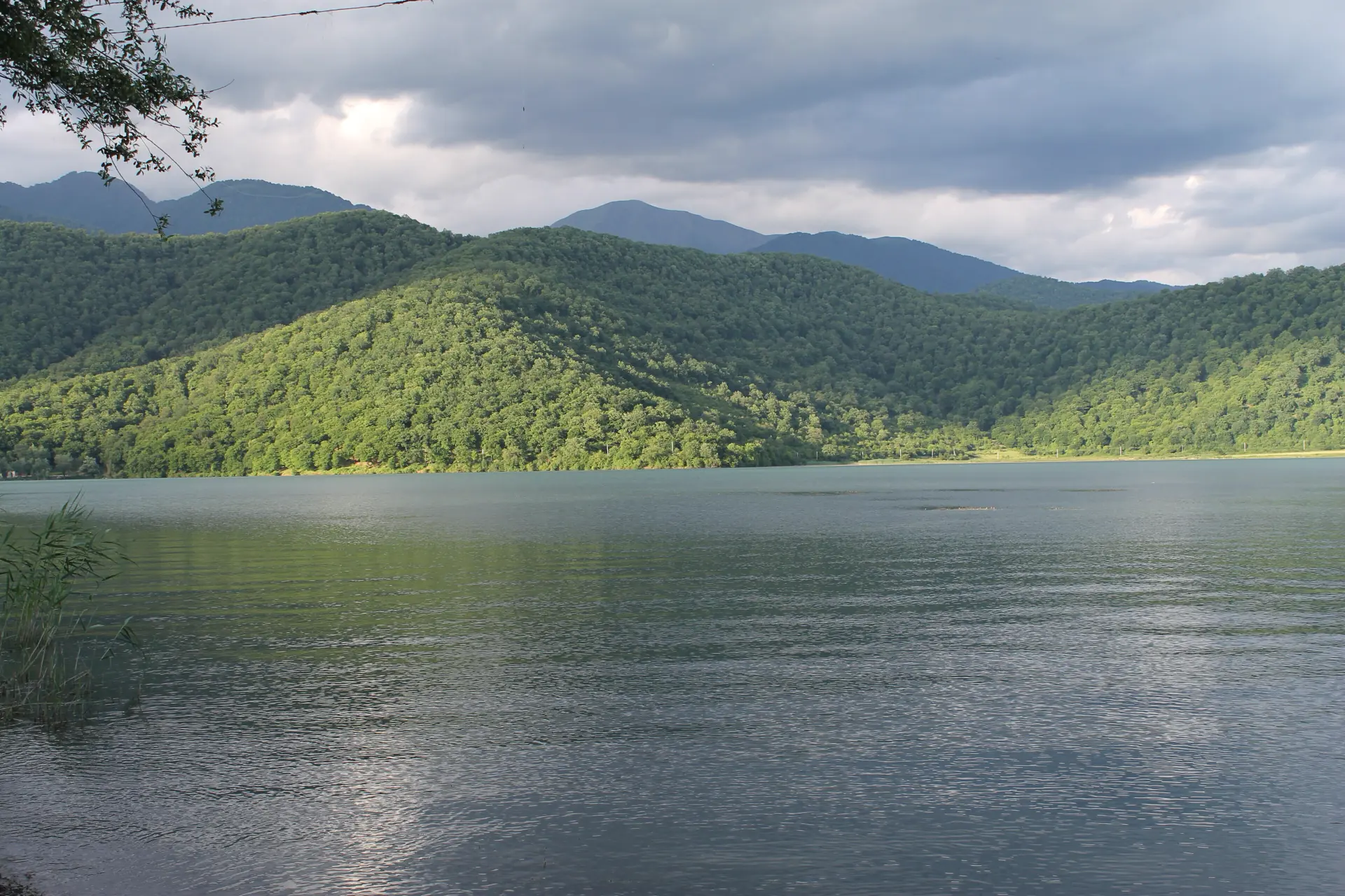 Forested hills falling to still water in the Gabala foothills.