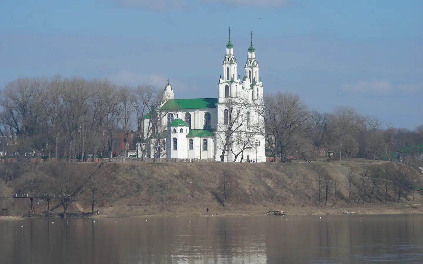 St Sophia Cathedral at Polotsk, white baroque towers above the Dvina.