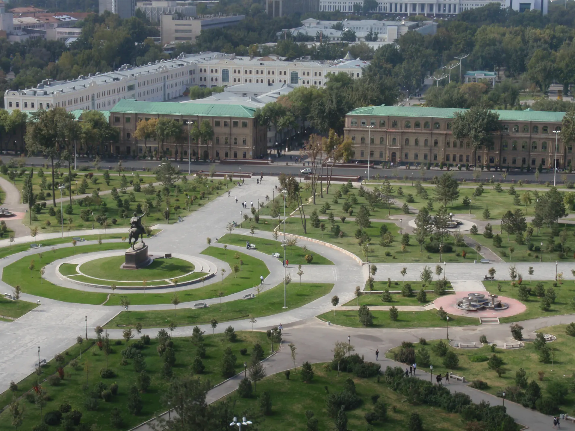 Amir Timur Square in Tashkent from above, tree-lined avenues radiating out.