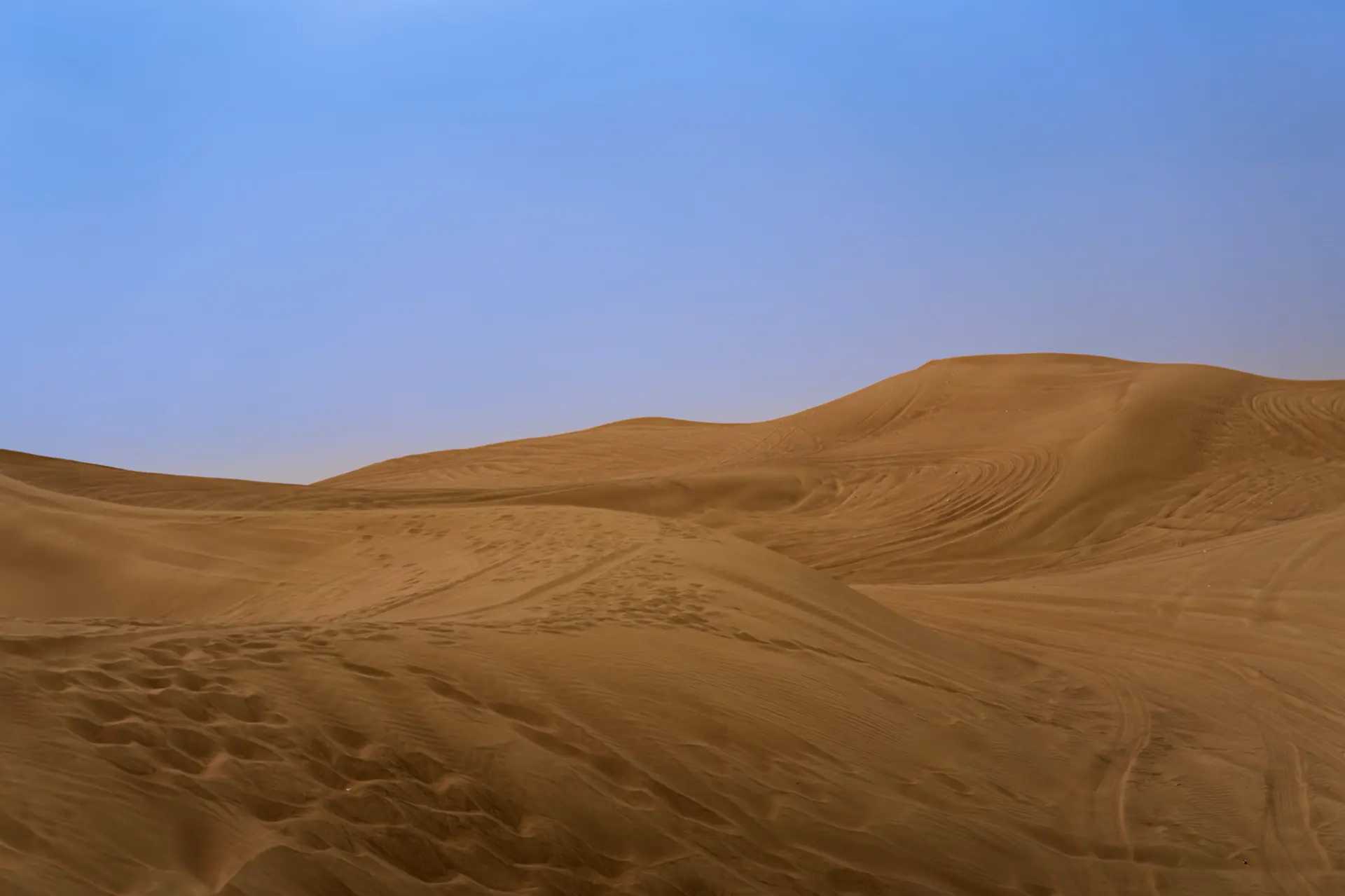 Wind-shaped dunes in the desert inland of Dubai at low sun.