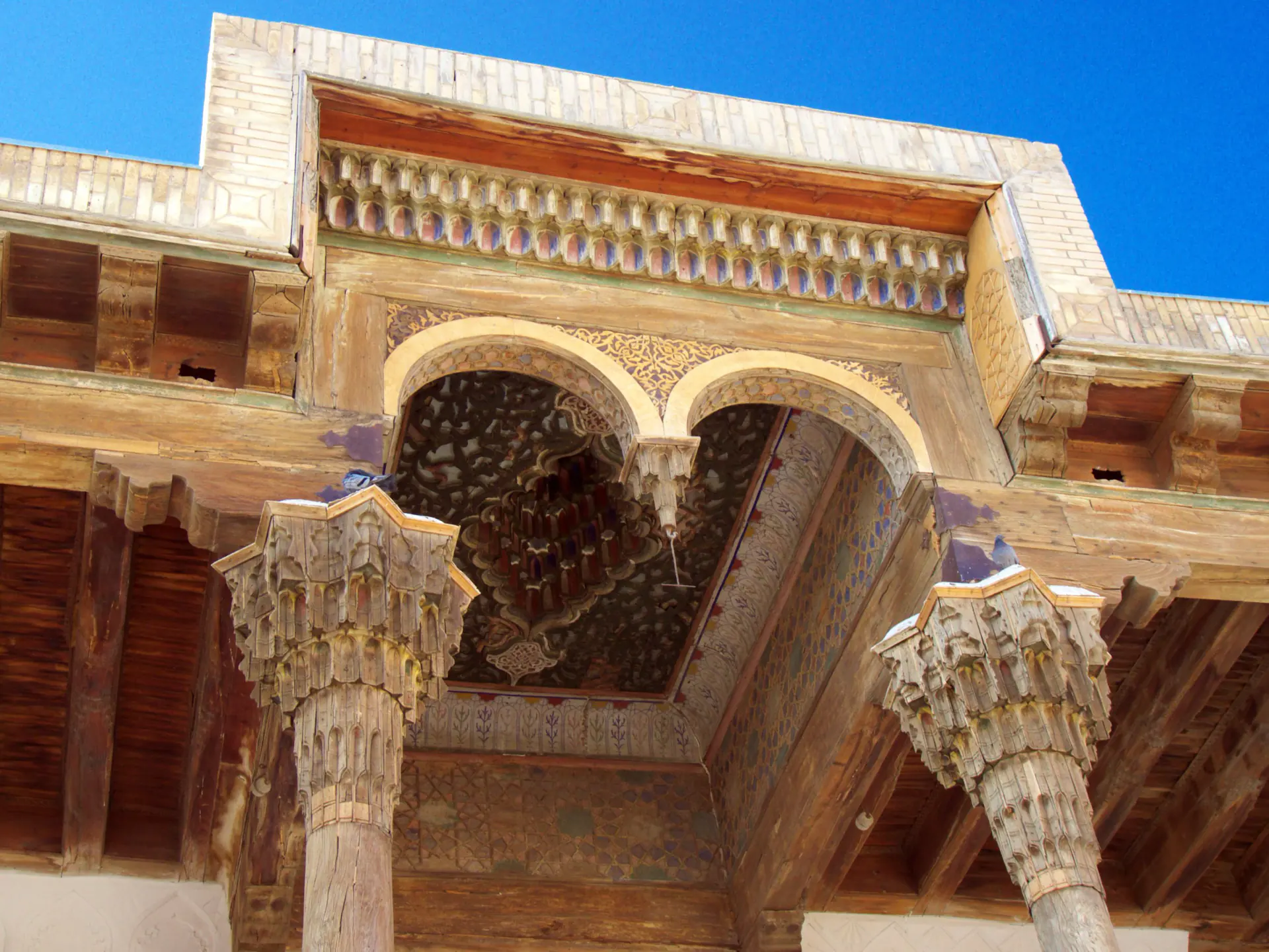 Carved wooden columns in the court mosque of the Ark fortress, Bukhara.