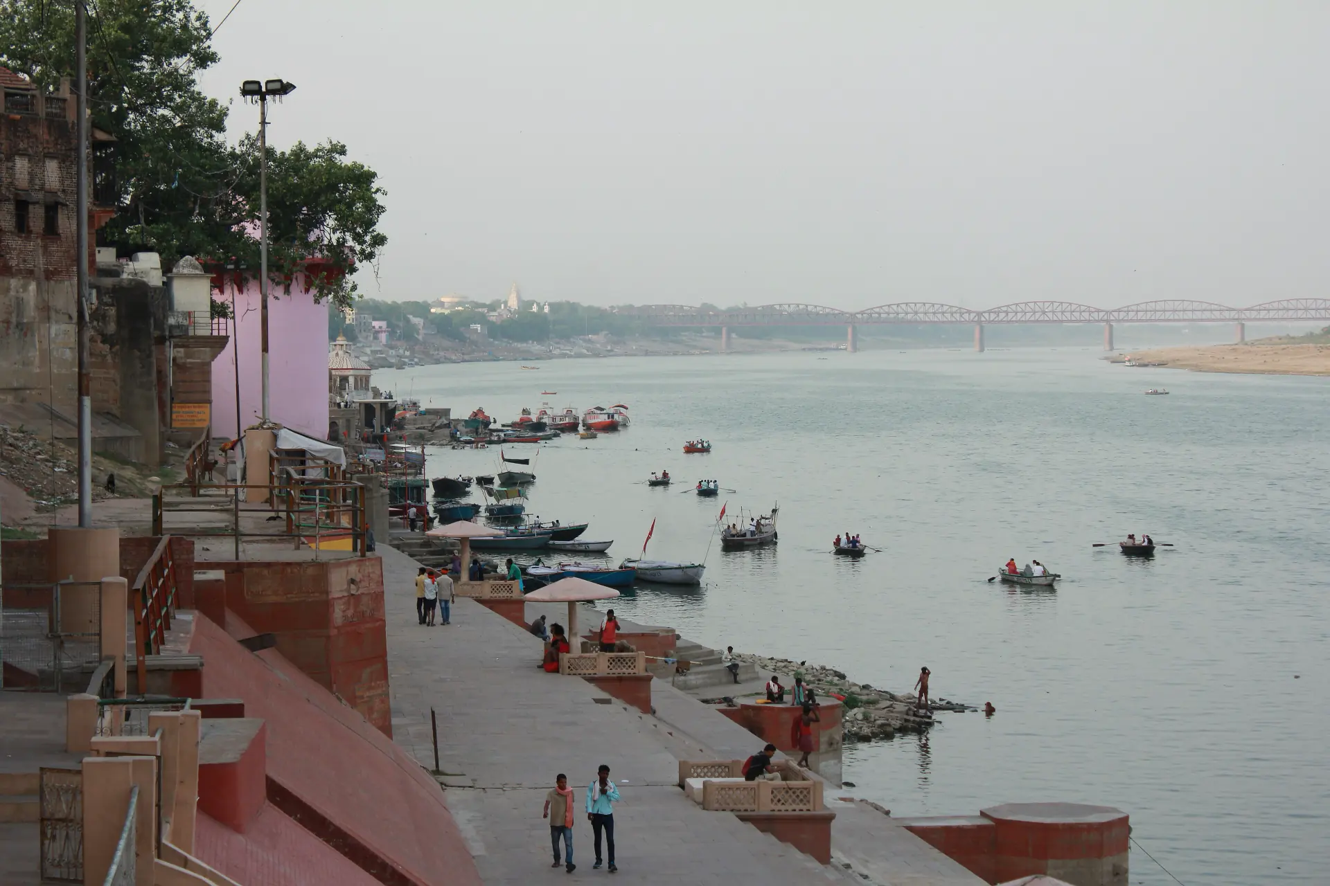 The stepped ghats of Varanasi running down to the Ganges.